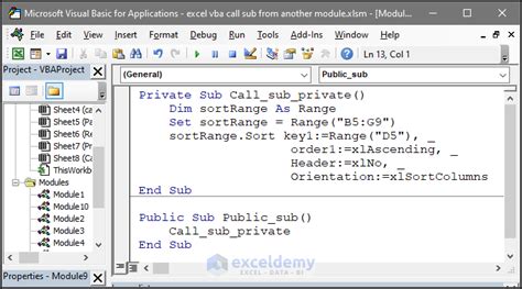 A screenshot showing a sub being called from another module in the VBA editor