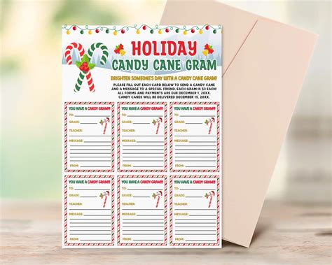 A photo of a Candy Cane Gram template, featuring a fun design and a space for a message