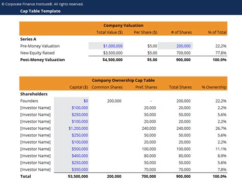 Cap Table Template Example