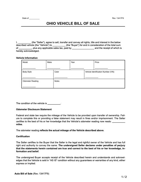 Car Bill of Sale Template