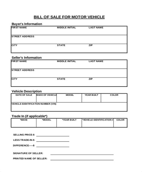 Car Bill of Sale Template Excel