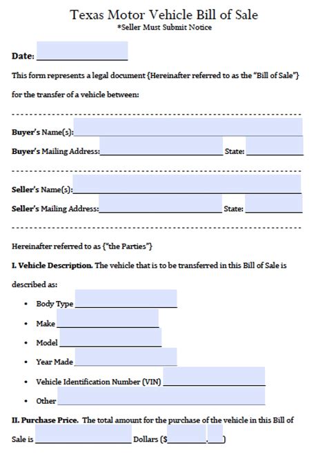 Car Bill of Sale Texas Template Free Download