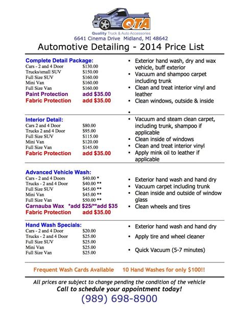 Advanced Car Detailing Price List Template