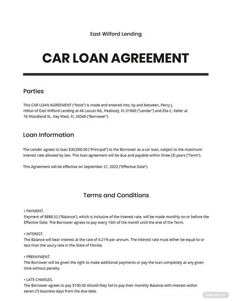 Car loan agreement template sample