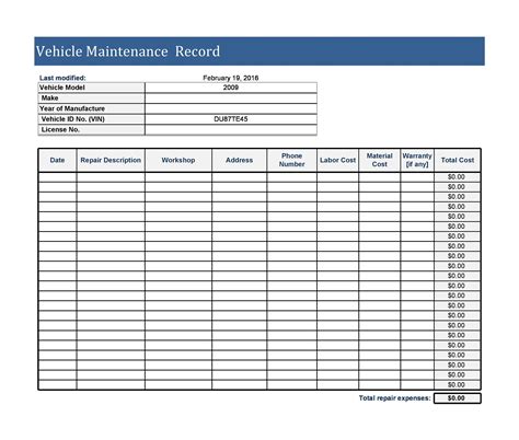 Car Maintenance Log Excel Template