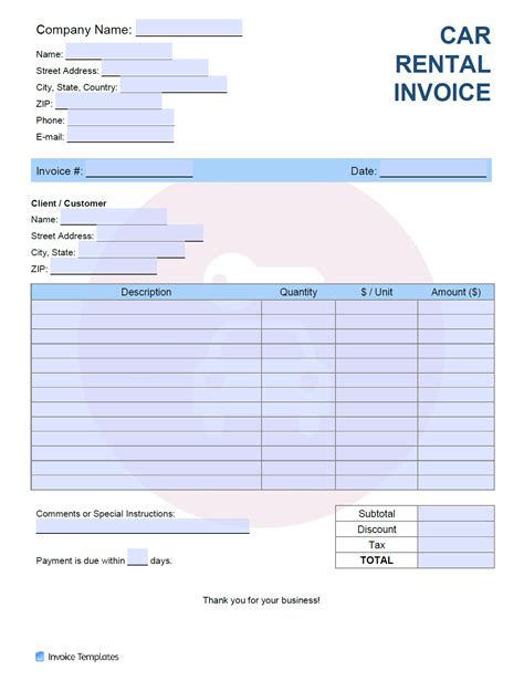 Car Rental Invoice Template with Payment Terms