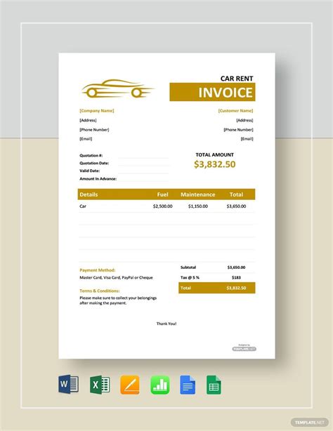 Car Rental Invoice Template with Taxes