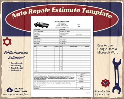 Car Repair Estimate Template with Warranty Information