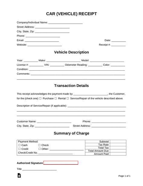 Car Sale Receipt Template Form