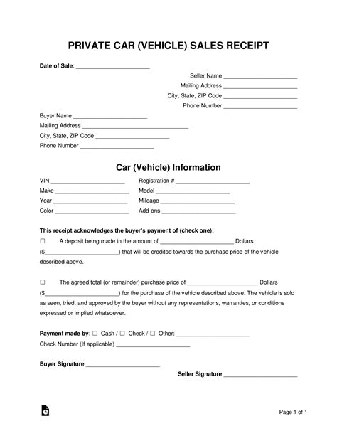 Car Sale Receipt Template PDF