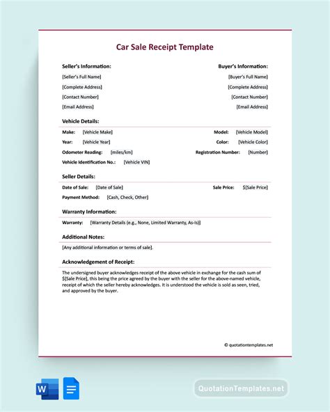 Car sale receipt with trade-in template