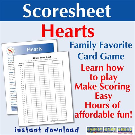 Card Game Score Sheets for Hearts