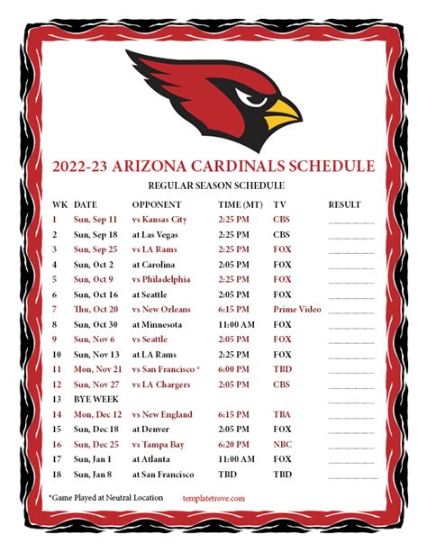 Cardinals Schedule Template Word Image 8