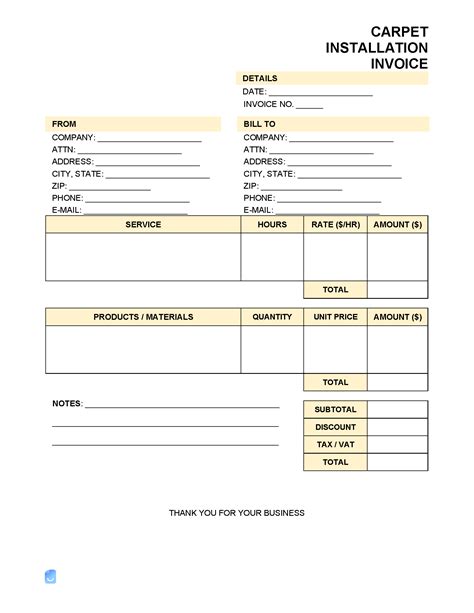 Carpet Installation Invoice Template for Microsoft Word