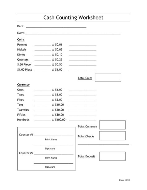 Cash Count Sheet Template Format