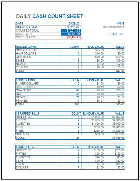 Cash Count Template Excel