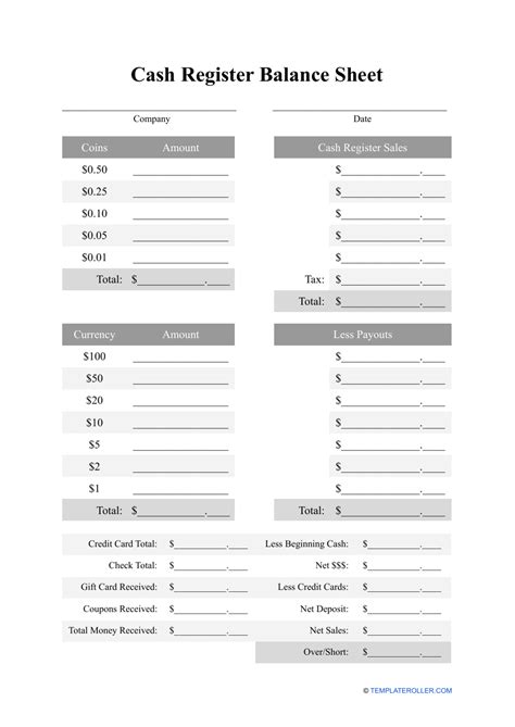 Cash Drawer Balance Sheet Template PDF