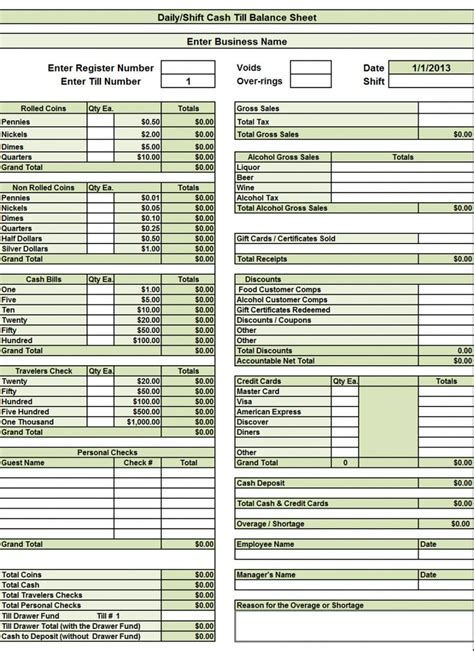 Cash till count sheet design