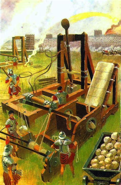 A depiction of a Roman catapult in use during a battle