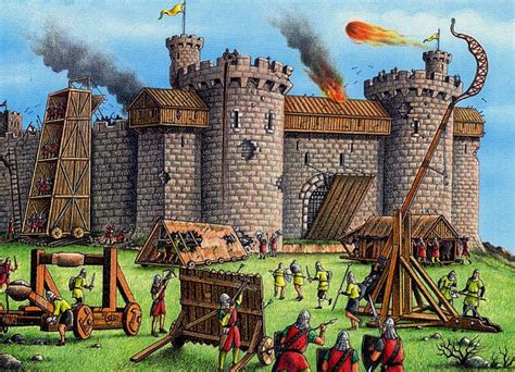 A depiction of a catapult in use during a siege