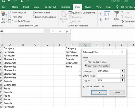 Categories in Excel