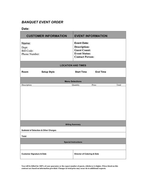 Catering Banquet Event Order Template