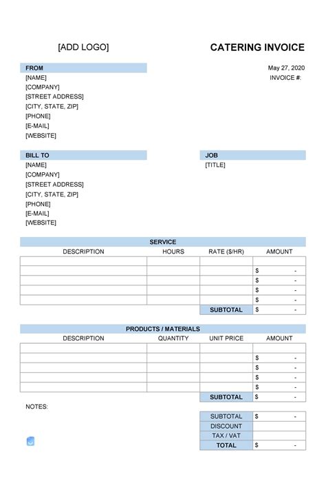 Catering Invoice Template Example