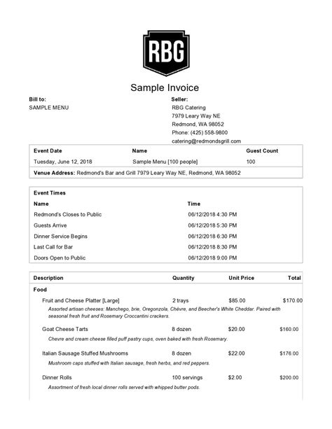 Catering Invoice Template Example