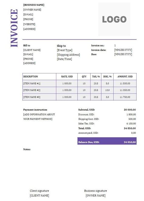 Catering invoice template for Excel