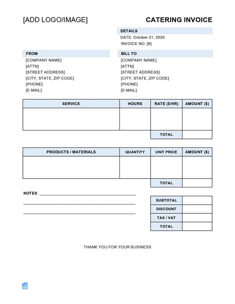 Catering Invoice Template Features