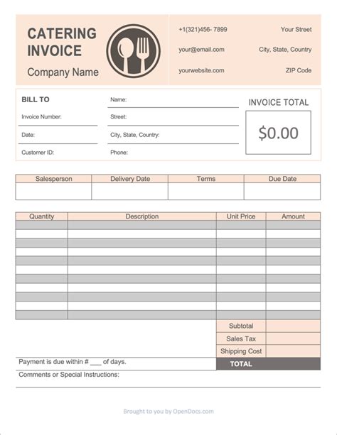 Catering invoice template for Microsoft Word