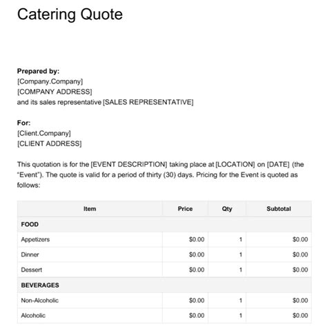 Catering Quote Template Word Document