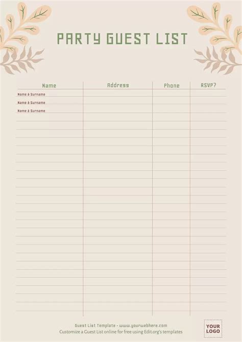 Ceremony Guest List Template