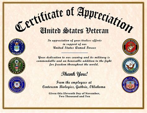 Certificate of Appreciation for Veterans