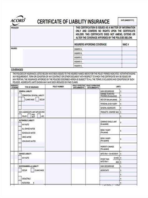 Certificate of Insurance Templates