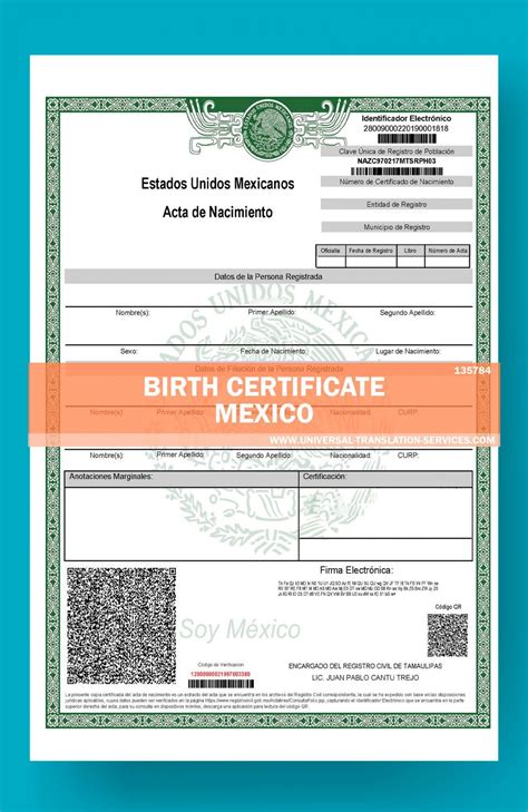 Certified translation of Mexican birth certificate