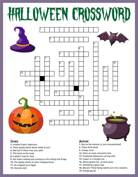 Challenging Halloween crossword printable with a witch and monster