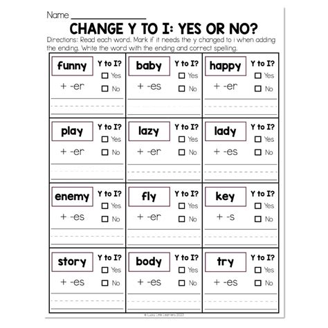 Changing Y to I Worksheet Example