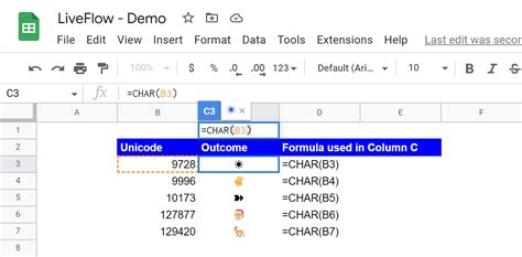 CHAR function in Google Spreadsheets