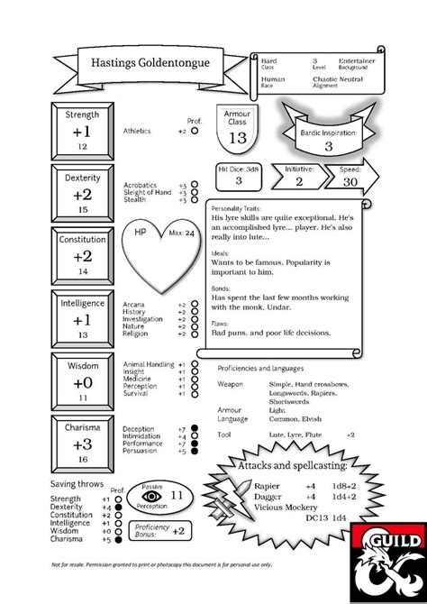 Printable Character Sheet Bard