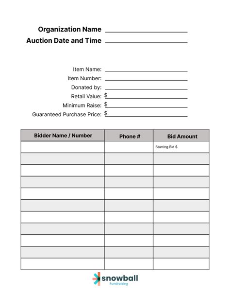 Charity Auction Bid Sheet Template