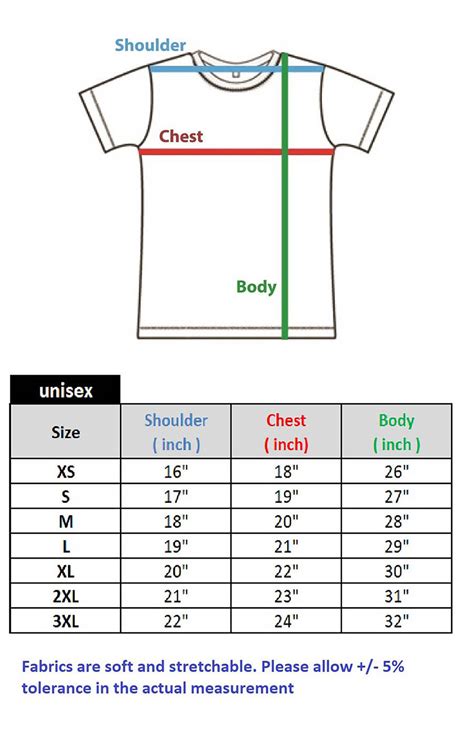 Chart for T-Shirt Sizes