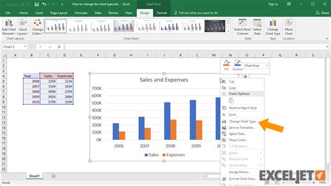 Changing chart type in Excel