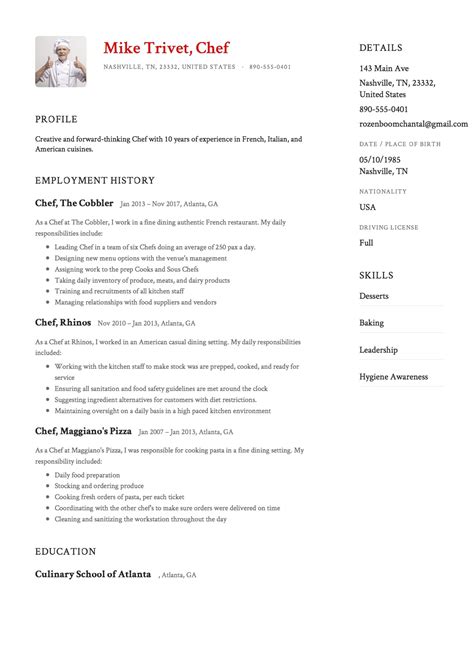 Chef Resume Template Sample