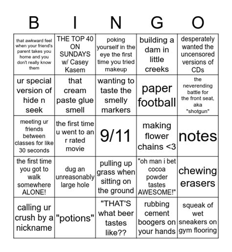 Childhood Memory Bingo for nostalgia