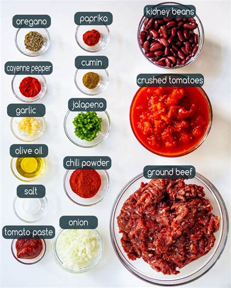 A variety of chili ingredients, including ground beef, tomatoes, and beans