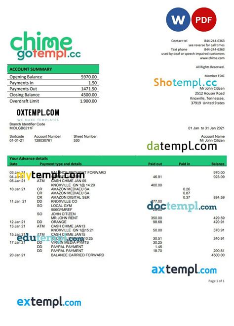 A screenshot of a Chime Bank statement date and period