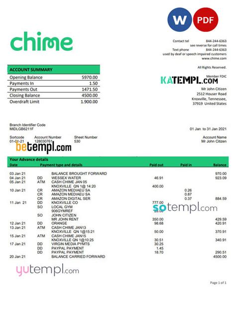 A screenshot of a Chime Bank statement example