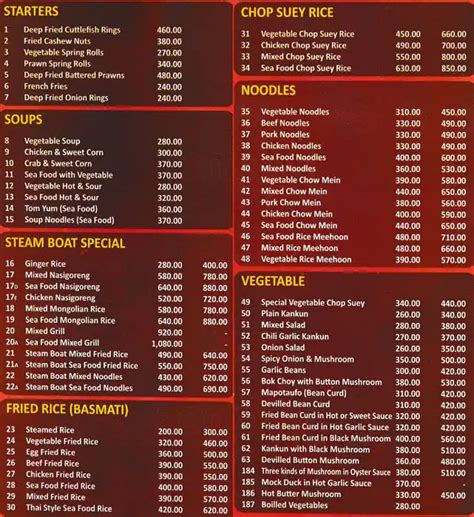 China Boat Prices Menu