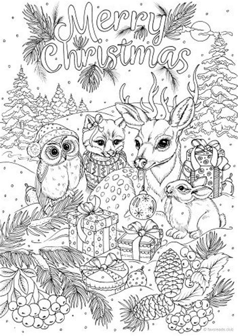 Winter animals Christmas coloring page for adults